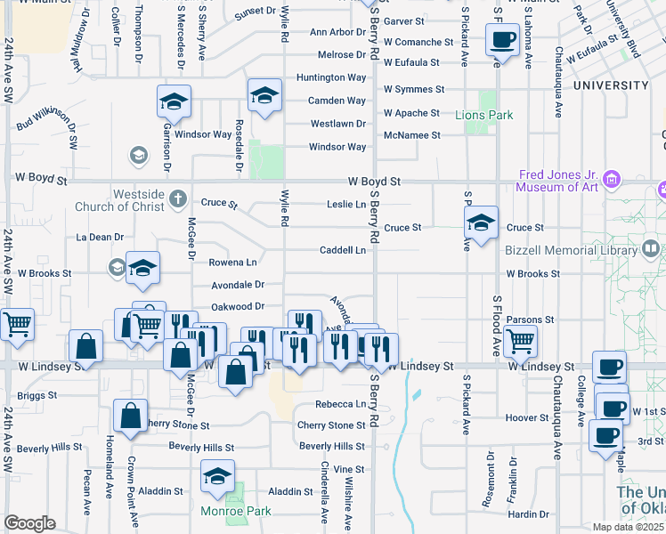 map of restaurants, bars, coffee shops, grocery stores, and more near 1215 West Brooks Street in Norman