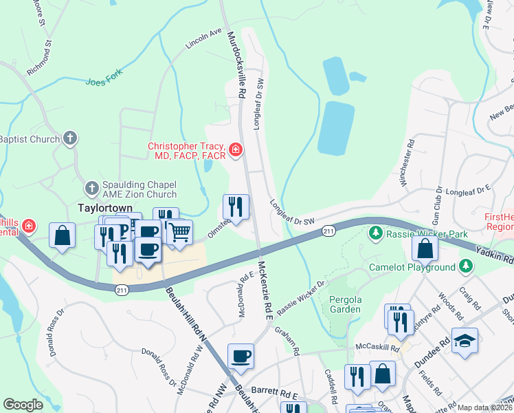 map of restaurants, bars, coffee shops, grocery stores, and more near 2385 Longleaf Drive Southwest in Pinehurst