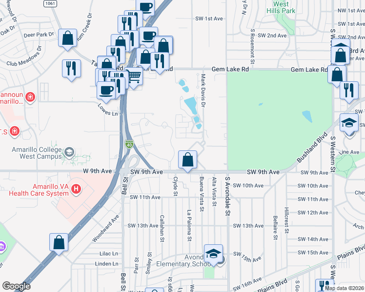 map of restaurants, bars, coffee shops, grocery stores, and more near 9 Medical Drive in Amarillo