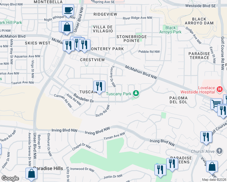 map of restaurants, bars, coffee shops, grocery stores, and more near 10535 Tuscany Drive Northwest in Albuquerque