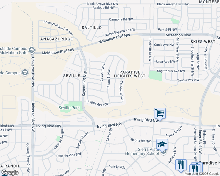 map of restaurants, bars, coffee shops, grocery stores, and more near 10449 Pamplona Street Northwest in Albuquerque