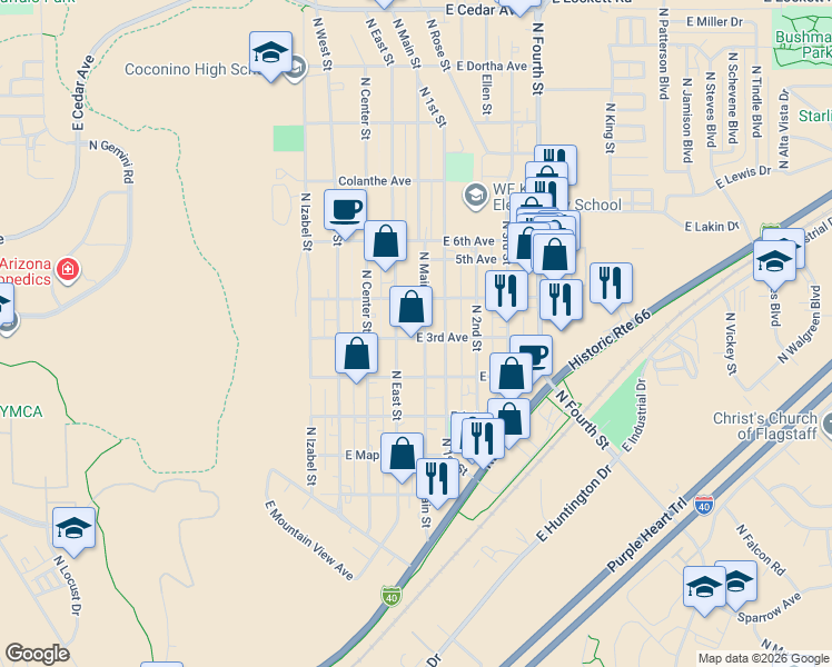map of restaurants, bars, coffee shops, grocery stores, and more near 2005 North Main Street in Flagstaff