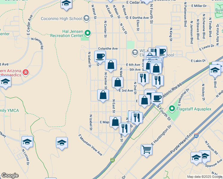 map of restaurants, bars, coffee shops, grocery stores, and more near 2009 North East Street in Flagstaff