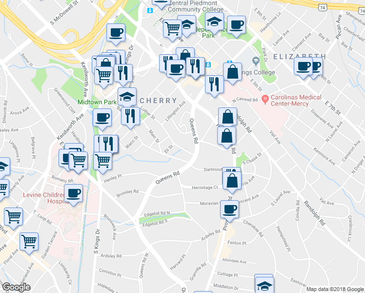 map of restaurants, bars, coffee shops, grocery stores, and more near 430 Queens Road in Charlotte