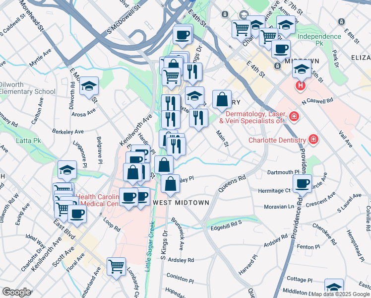 map of restaurants, bars, coffee shops, grocery stores, and more near 712 Baldwin Avenue in Charlotte
