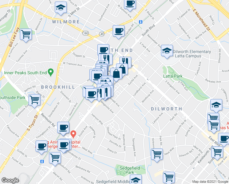 map of restaurants, bars, coffee shops, grocery stores, and more near in Charlotte