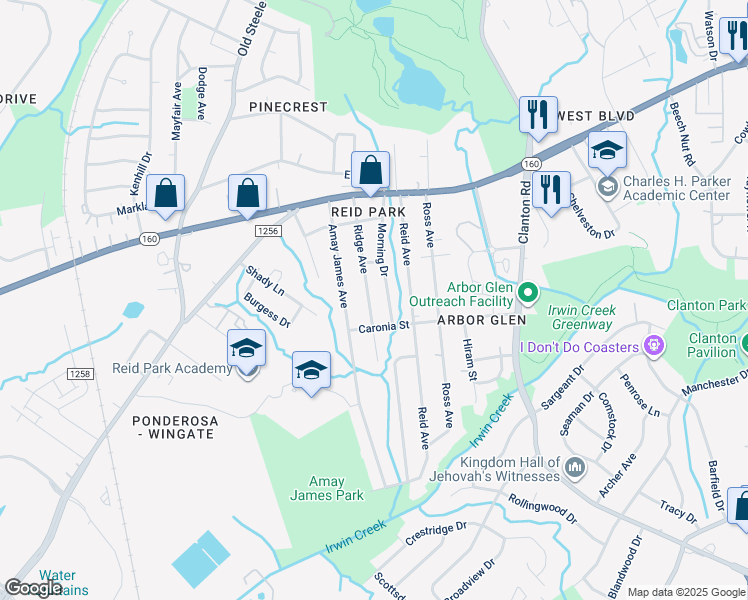 map of restaurants, bars, coffee shops, grocery stores, and more near 3028 Morning Drive in Charlotte