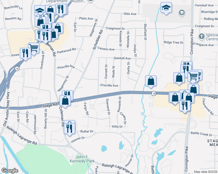 map of restaurants, bars, coffee shops, grocery stores, and more near 4687 Priscilla Avenue in Memphis