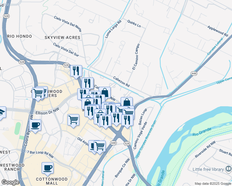 map of restaurants, bars, coffee shops, grocery stores, and more near 3405 Calle Cuervo Northwest in Albuquerque