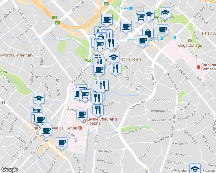 map of restaurants, bars, coffee shops, grocery stores, and more near 712 Baldwin Avenue in Charlotte