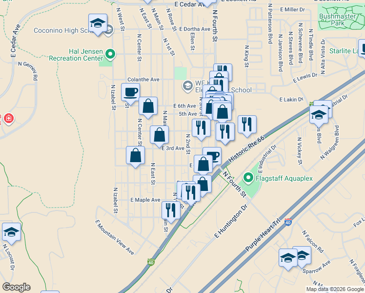 map of restaurants, bars, coffee shops, grocery stores, and more near 2240 East 3rd Avenue in Flagstaff