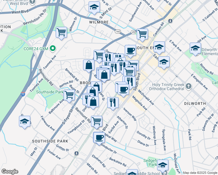 map of restaurants, bars, coffee shops, grocery stores, and more near 2225 Hawkins Street in Charlotte
