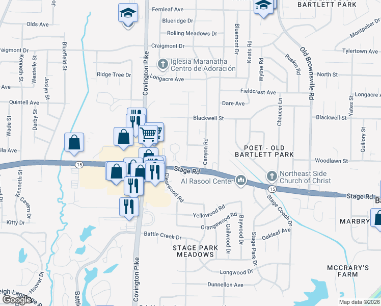 map of restaurants, bars, coffee shops, grocery stores, and more near 3012 Wood Thrush Drive in Memphis