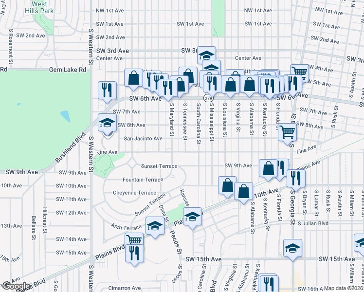 map of restaurants, bars, coffee shops, grocery stores, and more near 815 South Tennessee Street in Amarillo