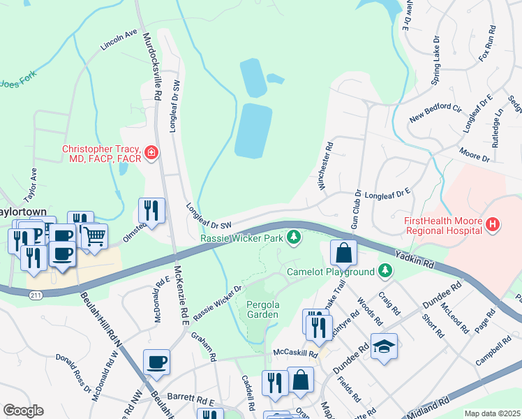 map of restaurants, bars, coffee shops, grocery stores, and more near Longleaf Drive Southwest in Pinehurst