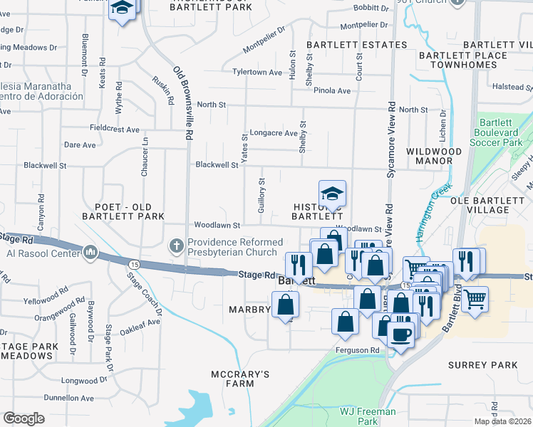 map of restaurants, bars, coffee shops, grocery stores, and more near 3008 Guillory Street in Memphis