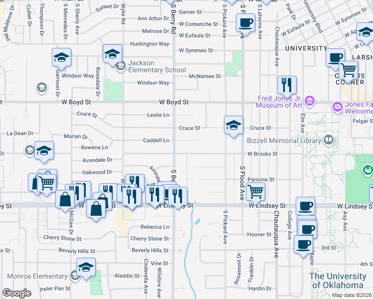 map of restaurants, bars, coffee shops, grocery stores, and more near 1119 West Brooks Street in Norman