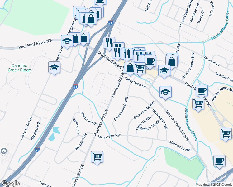 map of restaurants, bars, coffee shops, grocery stores, and more near 4120 Peerless Road Northwest in Cleveland