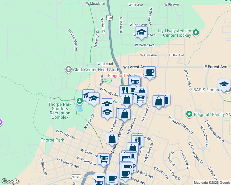 map of restaurants, bars, coffee shops, grocery stores, and more near 406 West Navajo Road in Flagstaff