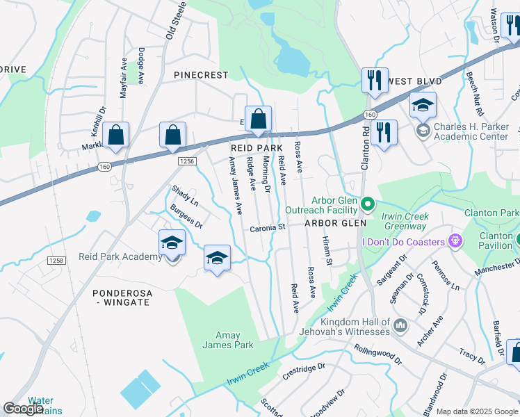 map of restaurants, bars, coffee shops, grocery stores, and more near 3035 Ridge Avenue in Charlotte