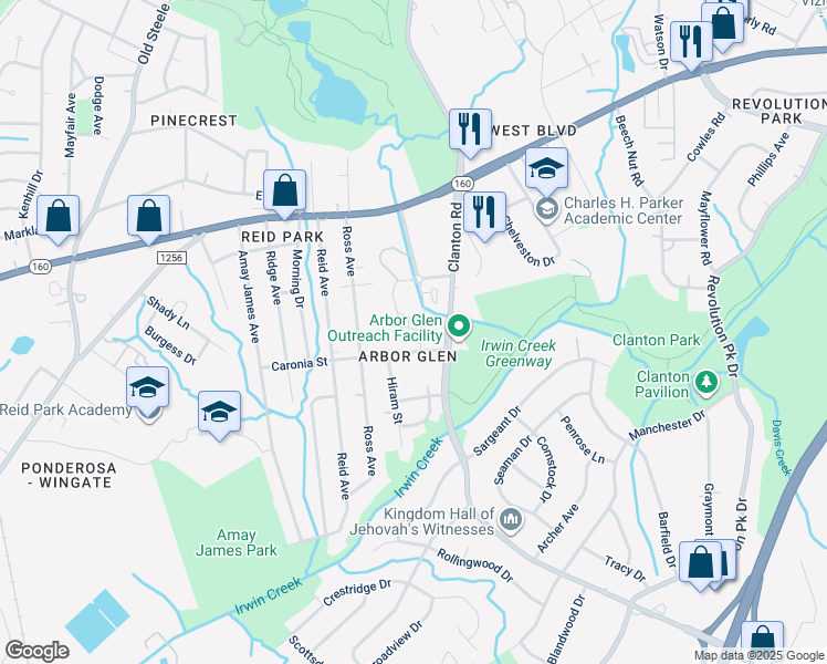 map of restaurants, bars, coffee shops, grocery stores, and more near 2340 Farmer Street in Charlotte