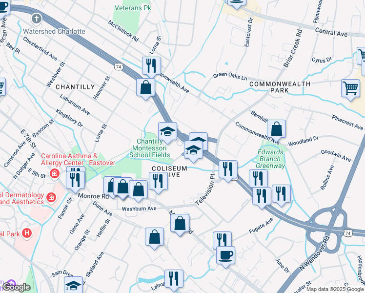 map of restaurants, bars, coffee shops, grocery stores, and more near 2408 East Independence Boulevard in Charlotte