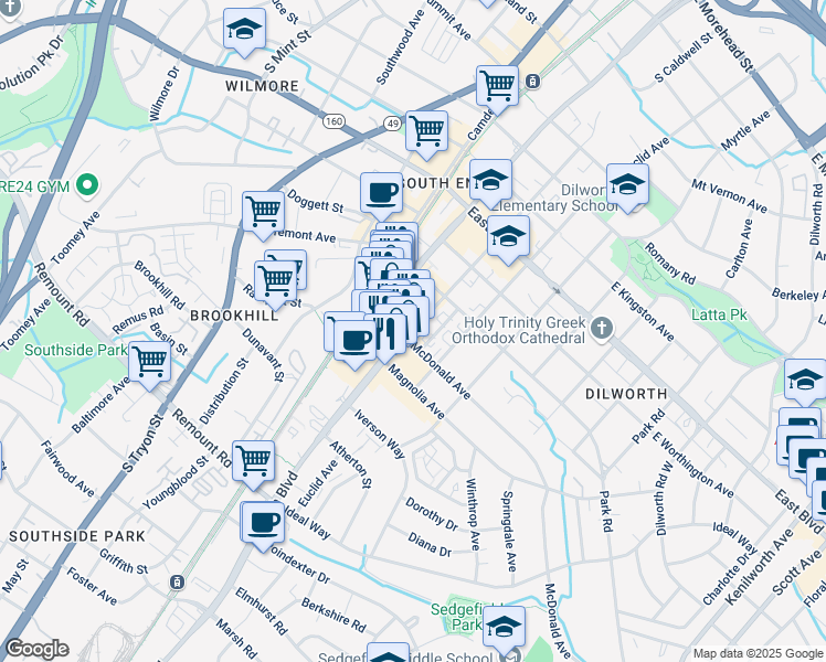 map of restaurants, bars, coffee shops, grocery stores, and more near 2028 South Boulevard in Charlotte