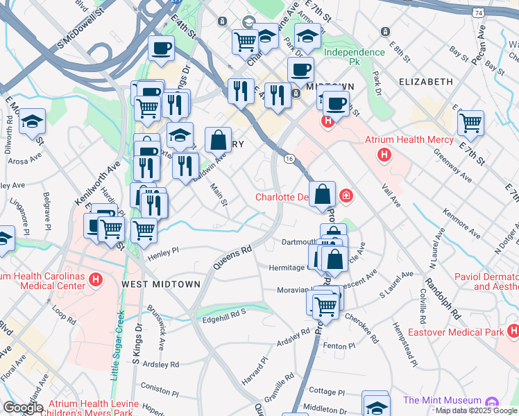 map of restaurants, bars, coffee shops, grocery stores, and more near 430 Queens Road in Charlotte