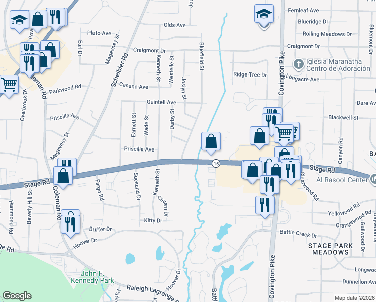map of restaurants, bars, coffee shops, grocery stores, and more near 3018 Bluefield Street in Memphis