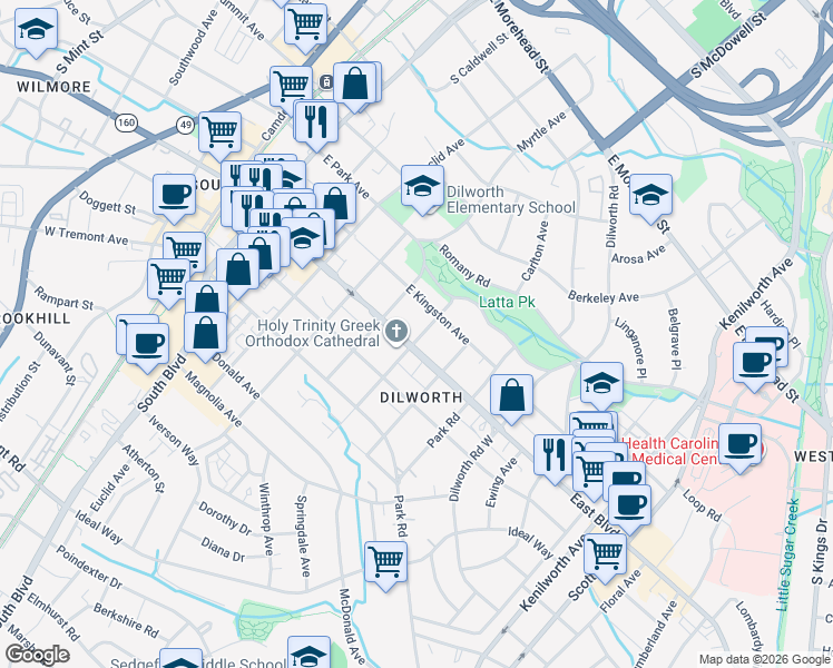 map of restaurants, bars, coffee shops, grocery stores, and more near 2 Springdale Avenue in Charlotte