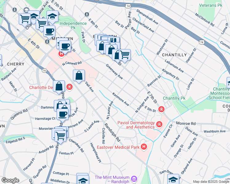 map of restaurants, bars, coffee shops, grocery stores, and more near 2221 Kenmore Avenue in Charlotte