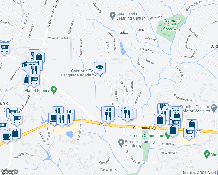 map of restaurants, bars, coffee shops, grocery stores, and more near 6136 Wilora Lake Road in Charlotte