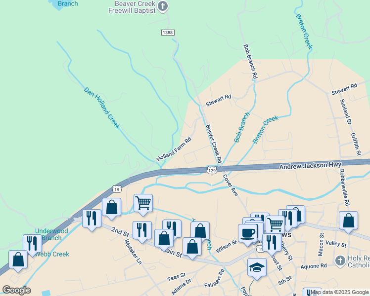 map of restaurants, bars, coffee shops, grocery stores, and more near 144 Fisher Street in Andrews