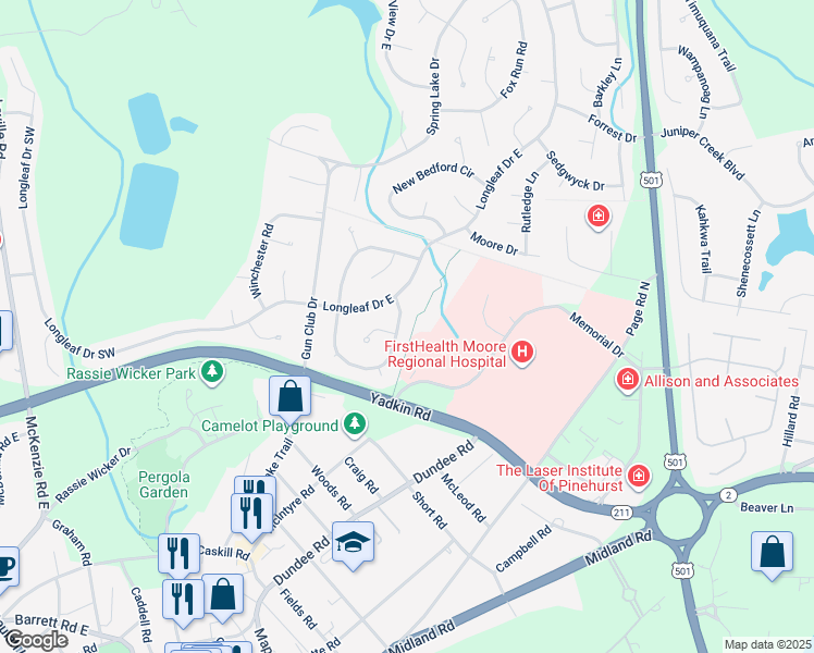 map of restaurants, bars, coffee shops, grocery stores, and more near 30 Wheeling Dr in Pinehurst