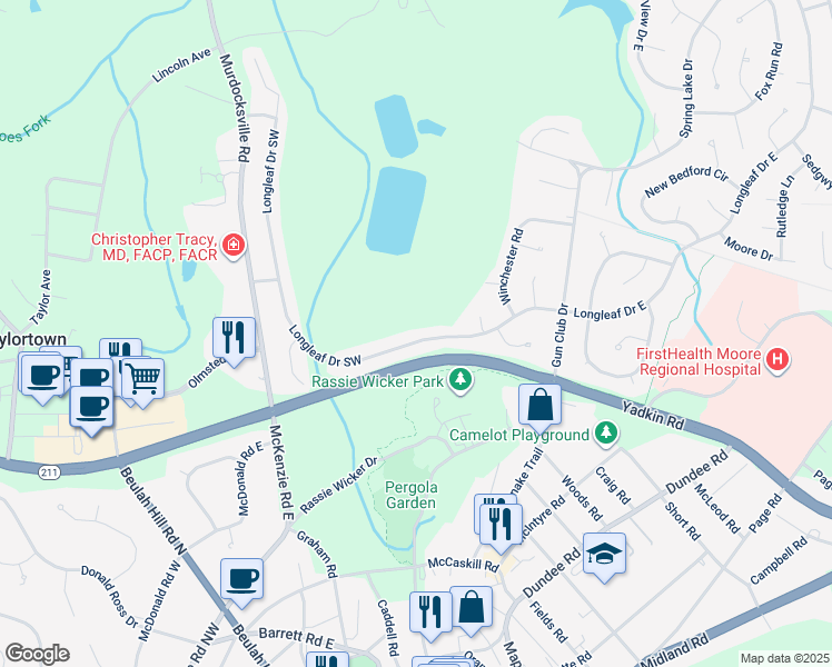 map of restaurants, bars, coffee shops, grocery stores, and more near Longleaf Drive Southwest in Pinehurst