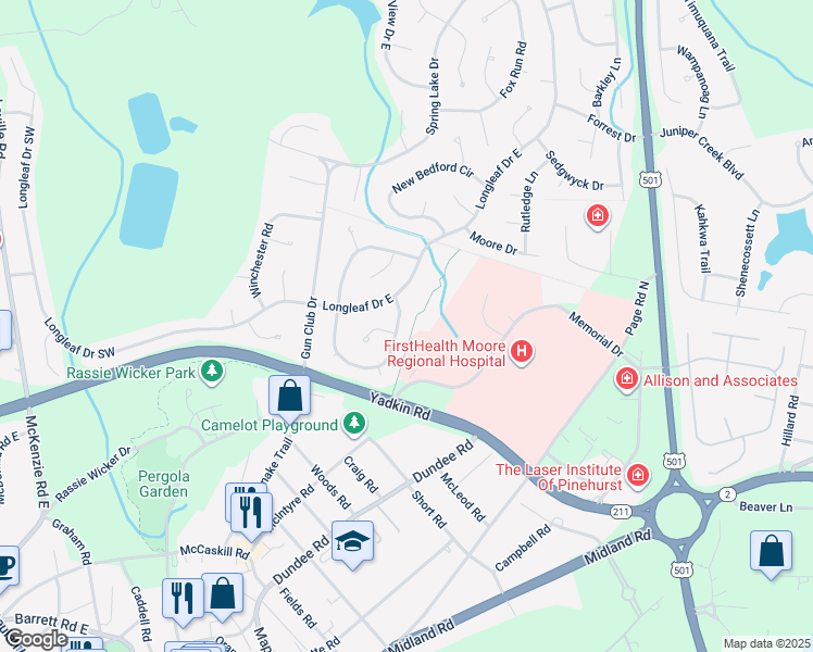 map of restaurants, bars, coffee shops, grocery stores, and more near 30 Wheeling Dr in Pinehurst
