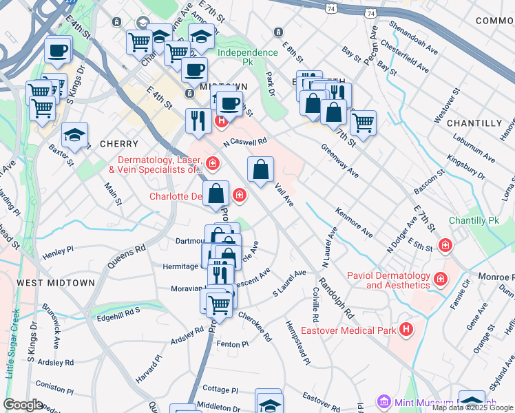 map of restaurants, bars, coffee shops, grocery stores, and more near in Charlotte