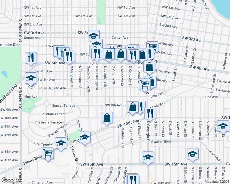 map of restaurants, bars, coffee shops, grocery stores, and more near 815 South Virginia Street in Amarillo