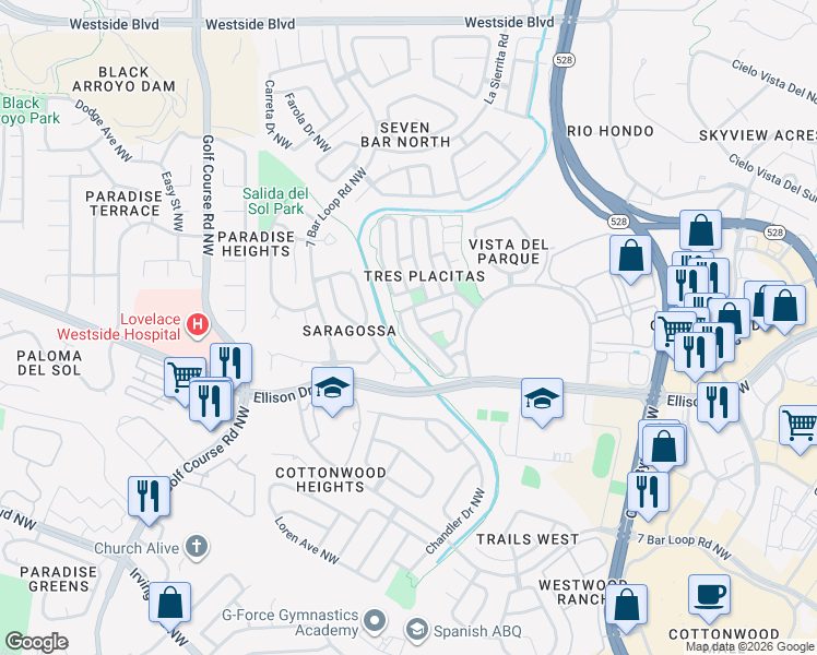 map of restaurants, bars, coffee shops, grocery stores, and more near 10428 Vista Del Sol Drive Northwest in Albuquerque