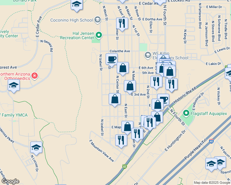 map of restaurants, bars, coffee shops, grocery stores, and more near 2008 North West Street in Flagstaff