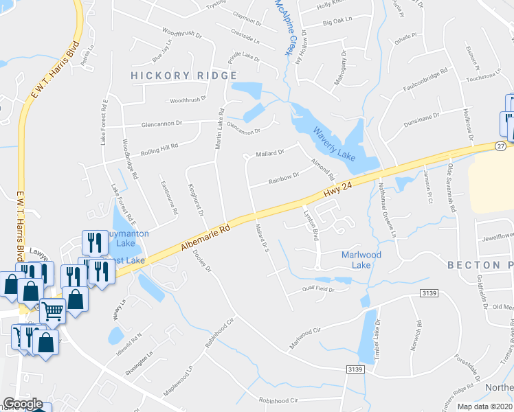 map of restaurants, bars, coffee shops, grocery stores, and more near 5805 Mallard Drive South in Charlotte