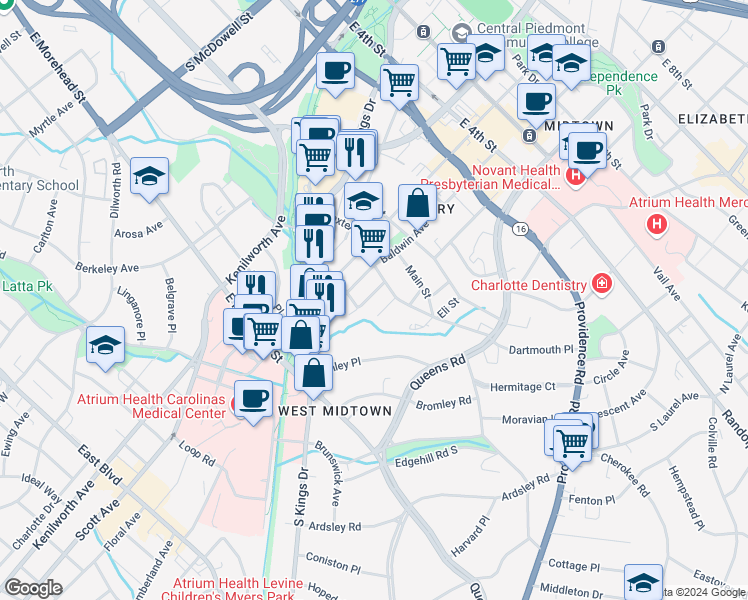 map of restaurants, bars, coffee shops, grocery stores, and more near in Charlotte