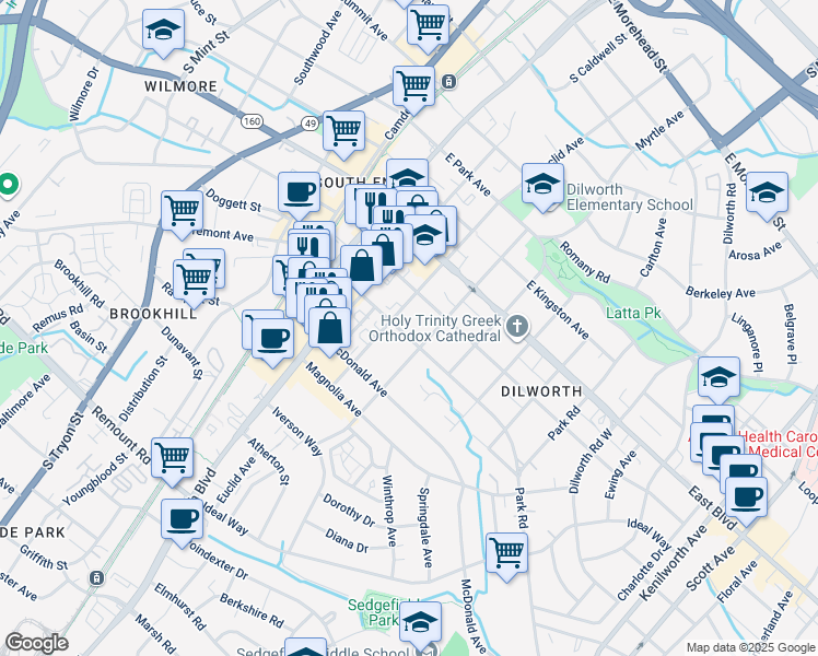 map of restaurants, bars, coffee shops, grocery stores, and more near 400 East Tremont Avenue in Charlotte