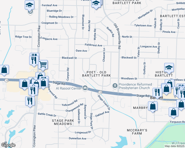 map of restaurants, bars, coffee shops, grocery stores, and more near 3024 Sienna Road in Bartlett