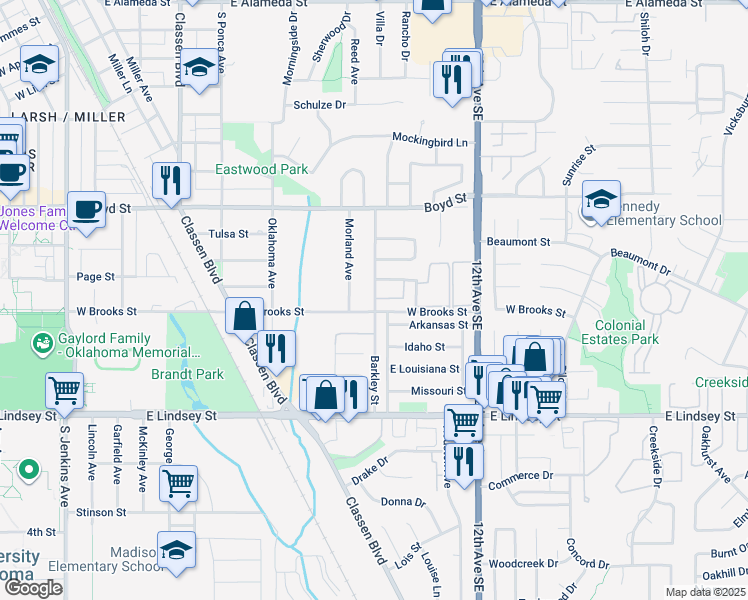 map of restaurants, bars, coffee shops, grocery stores, and more near 1520 Barkley Street in Norman