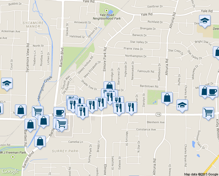 map of restaurants, bars, coffee shops, grocery stores, and more near 3013 Leeridge Dr in Bartlett