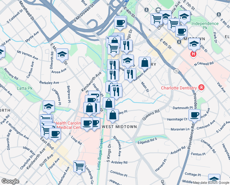 map of restaurants, bars, coffee shops, grocery stores, and more near 712 Baldwin Avenue in Charlotte
