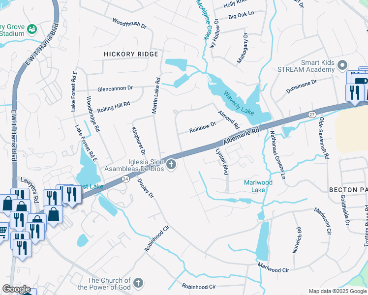 map of restaurants, bars, coffee shops, grocery stores, and more near 5805 Mallard Drive South in Charlotte