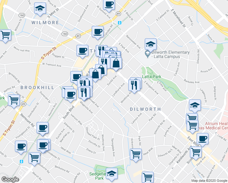 map of restaurants, bars, coffee shops, grocery stores, and more near 1912 Lyndhurst Avenue in Charlotte