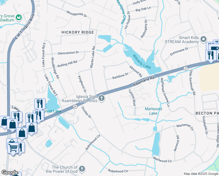 map of restaurants, bars, coffee shops, grocery stores, and more near 7805 Albemarle Road in Charlotte